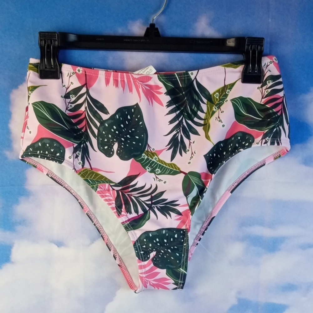 🌼 Tropical Leaf Print Pink High-Waisted Bikini Bottom